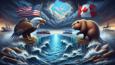 Bald eagle and beaver facing each other over turbulent waters.