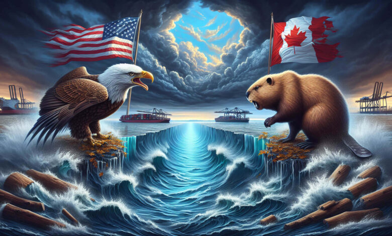 Bald eagle and beaver facing each other over turbulent waters.